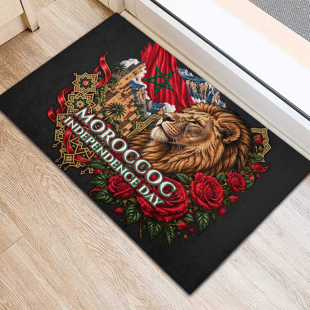 Morocco Independence Day Rubber Doormat Atlas Lion Red Rose Atlas Mountain Heritage