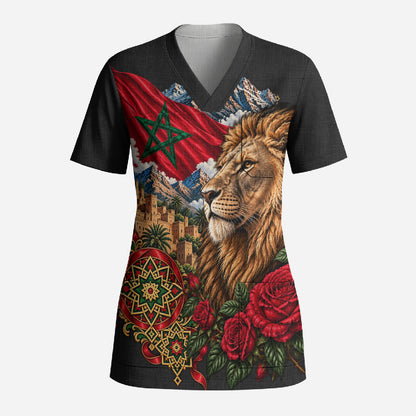 Morocco Independence Day Scrub Top Atlas Lion Red Rose Atlas Mountain Heritage