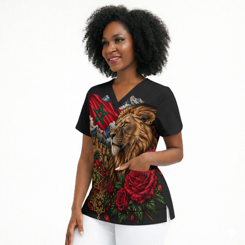 Morocco Independence Day Scrub Top Atlas Lion Red Rose Atlas Mountain Heritage