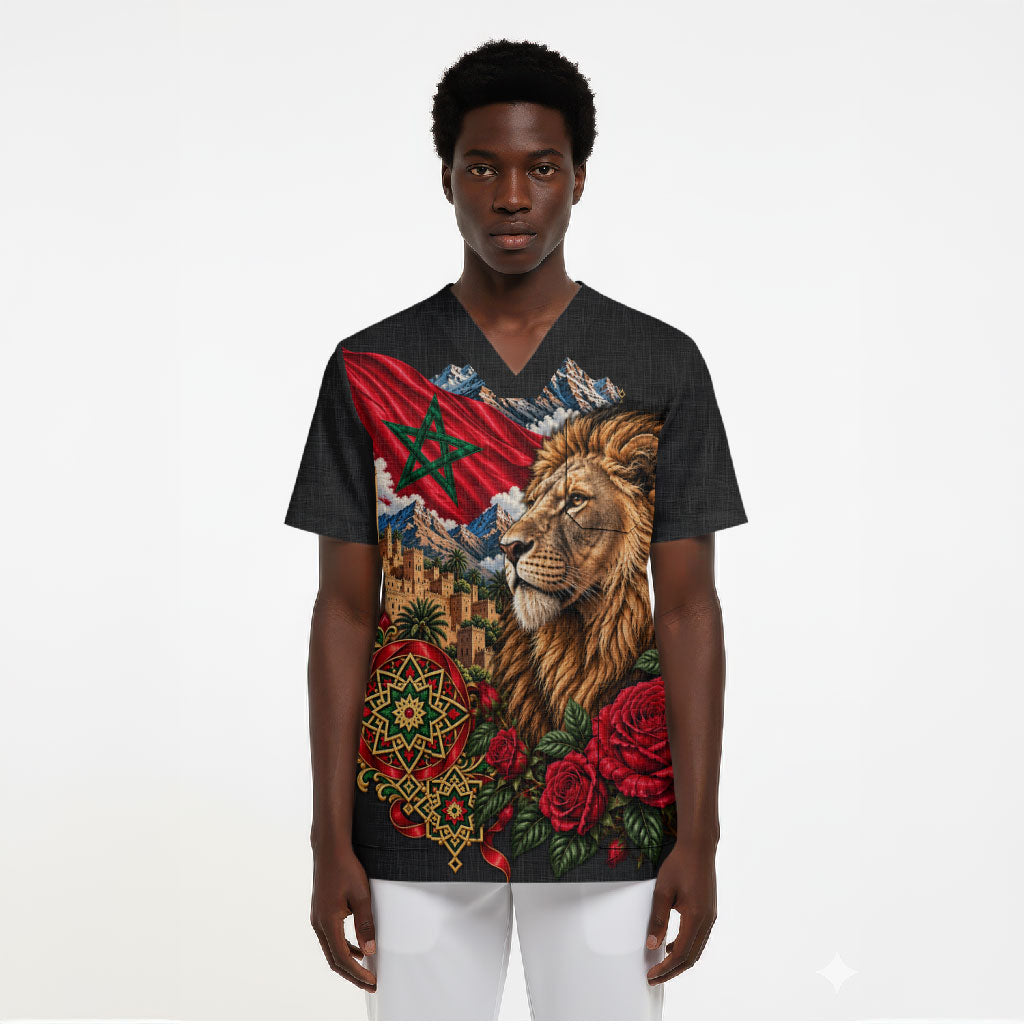 Morocco Independence Day Scrub Top Atlas Lion Red Rose Atlas Mountain Heritage