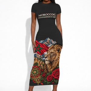 Morocco Independence Day Short Sleeve Bodycon Dress Atlas Lion Red Rose Atlas Mountain Heritage