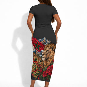 Morocco Independence Day Short Sleeve Bodycon Dress Atlas Lion Red Rose Atlas Mountain Heritage