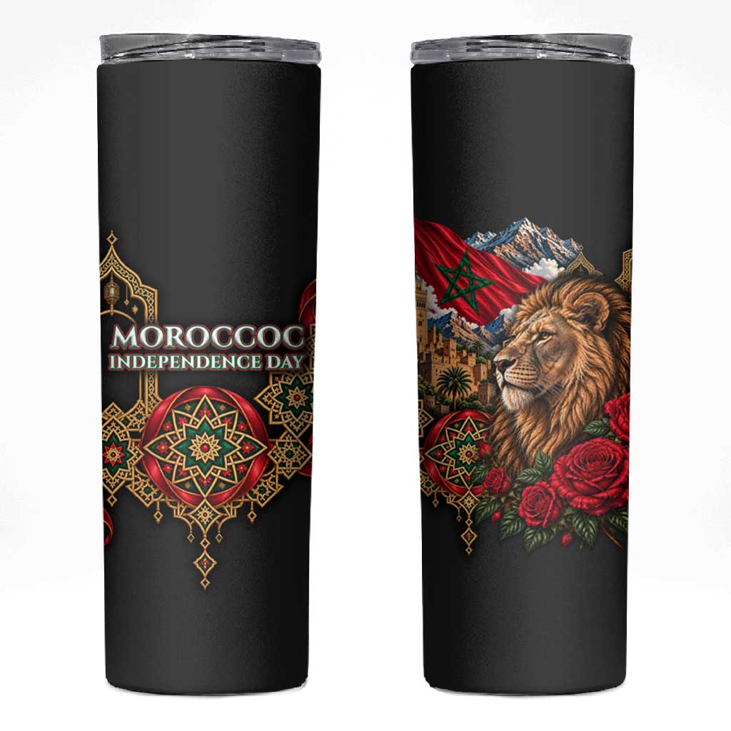 Morocco Independence Day Skinny Tumbler Atlas Lion Red Rose Atlas Mountain Heritage