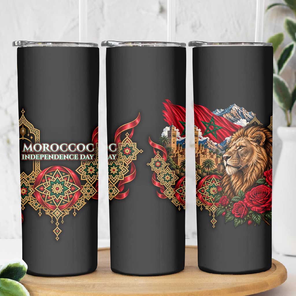 Morocco Independence Day Skinny Tumbler Atlas Lion Red Rose Atlas Mountain Heritage