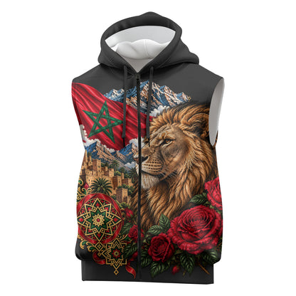 Morocco Independence Day Sleeveless Zip Hoodie Atlas Lion Red Rose Atlas Mountain Heritage