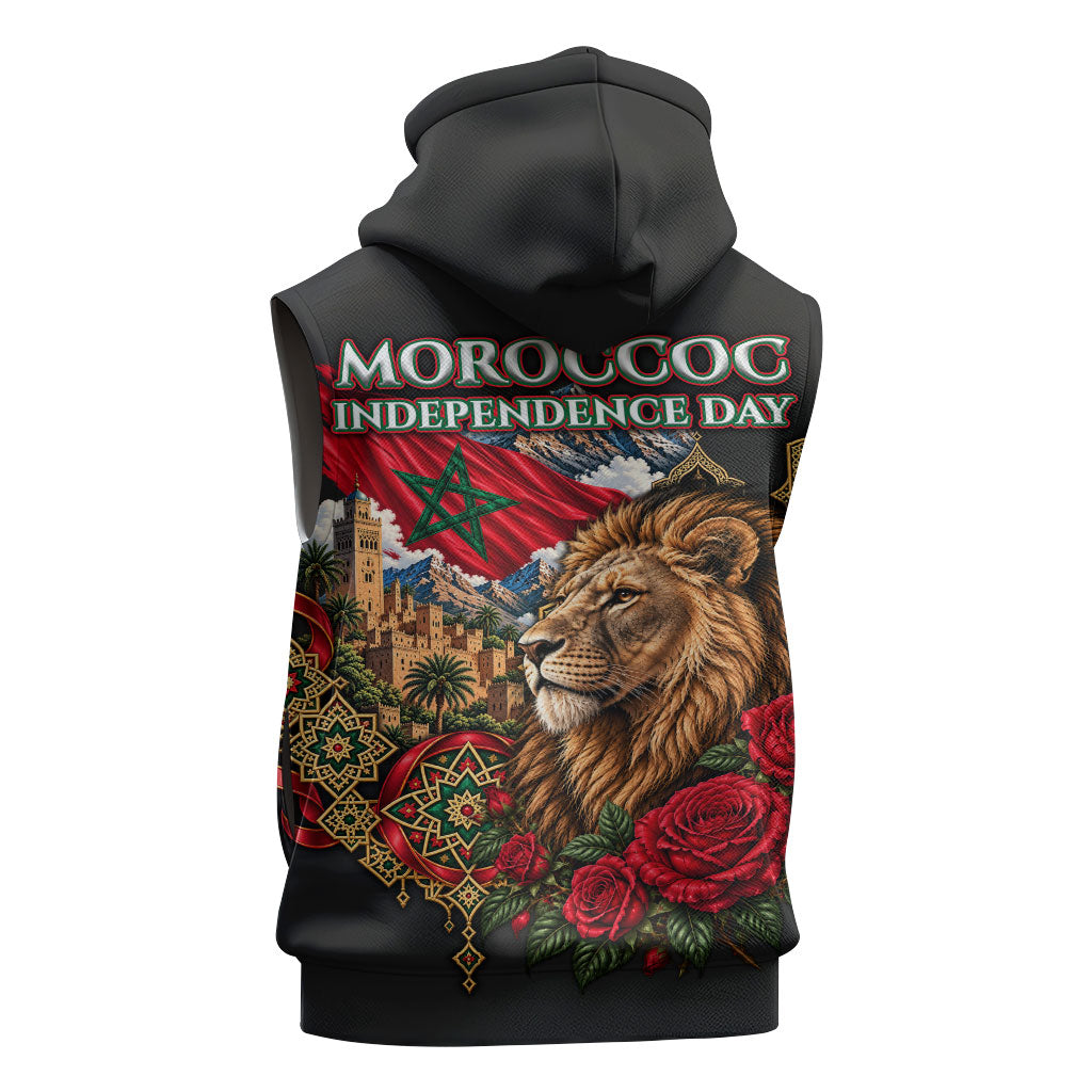 Morocco Independence Day Sleeveless Zip Hoodie Atlas Lion Red Rose Atlas Mountain Heritage