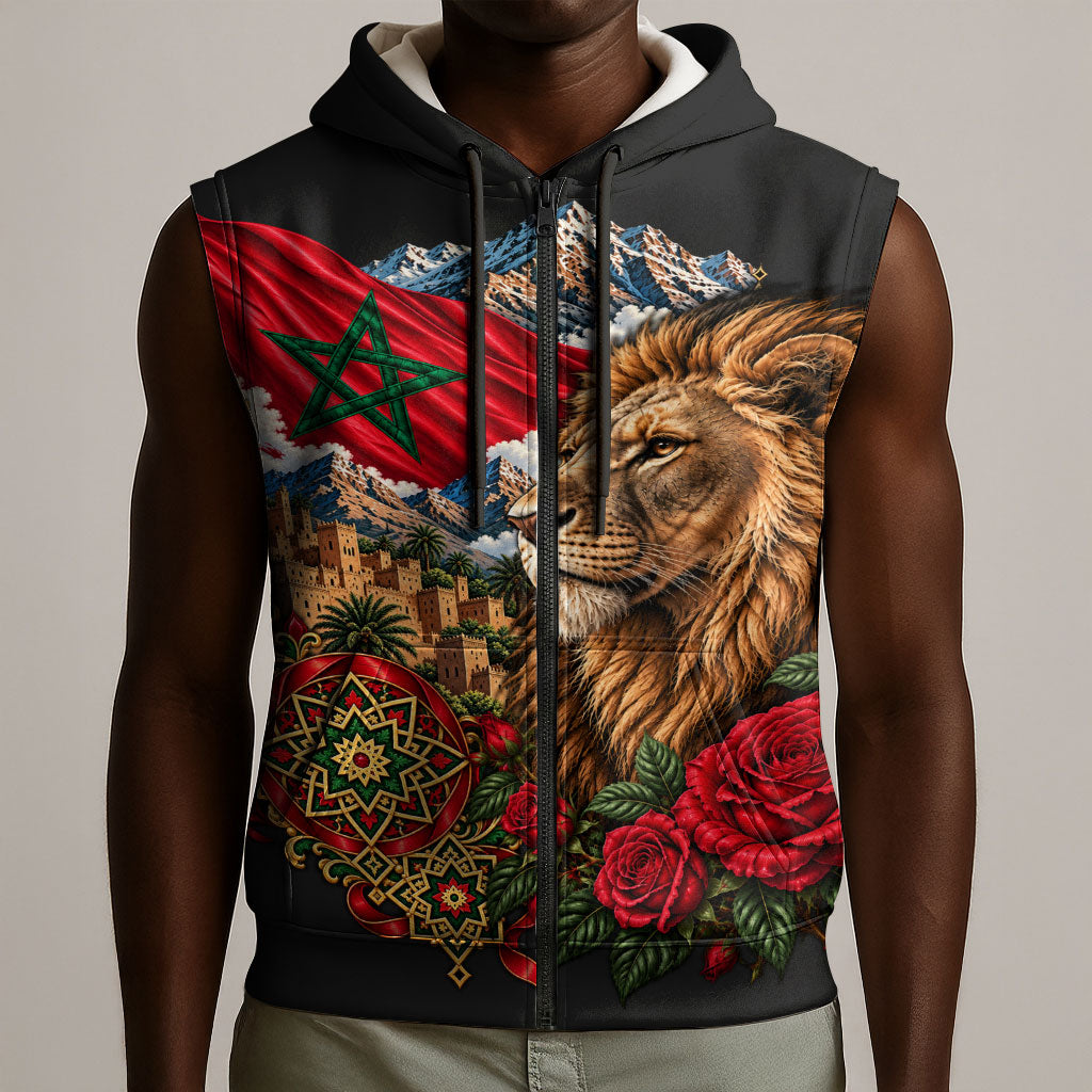 Morocco Independence Day Sleeveless Zip Hoodie Atlas Lion Red Rose Atlas Mountain Heritage