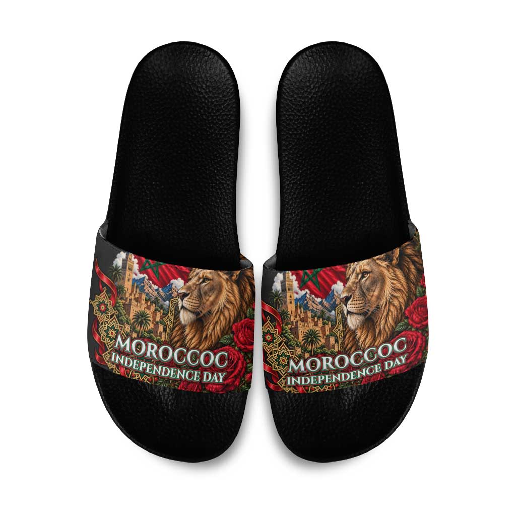 Morocco Independence Day Slide Sandals Atlas Lion Red Rose Atlas Mountain Heritage