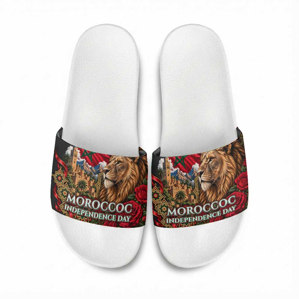 Morocco Independence Day Slide Sandals Atlas Lion Red Rose Atlas Mountain Heritage