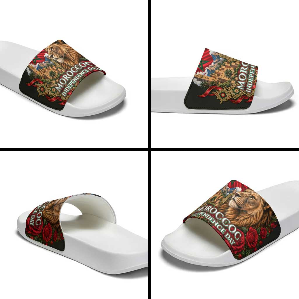 Morocco Independence Day Slide Sandals Atlas Lion Red Rose Atlas Mountain Heritage