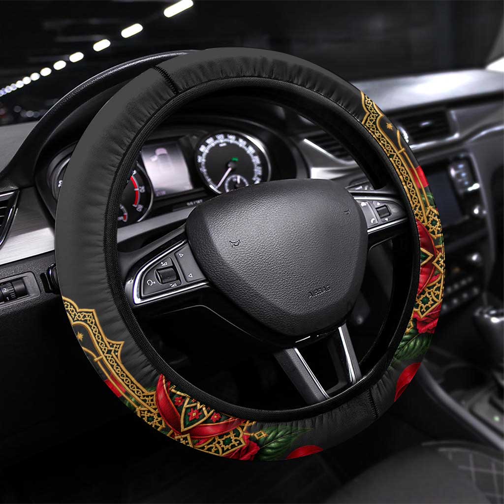 Morocco Independence Day Steering Wheel Cover Atlas Lion Red Rose Atlas Mountain Heritage