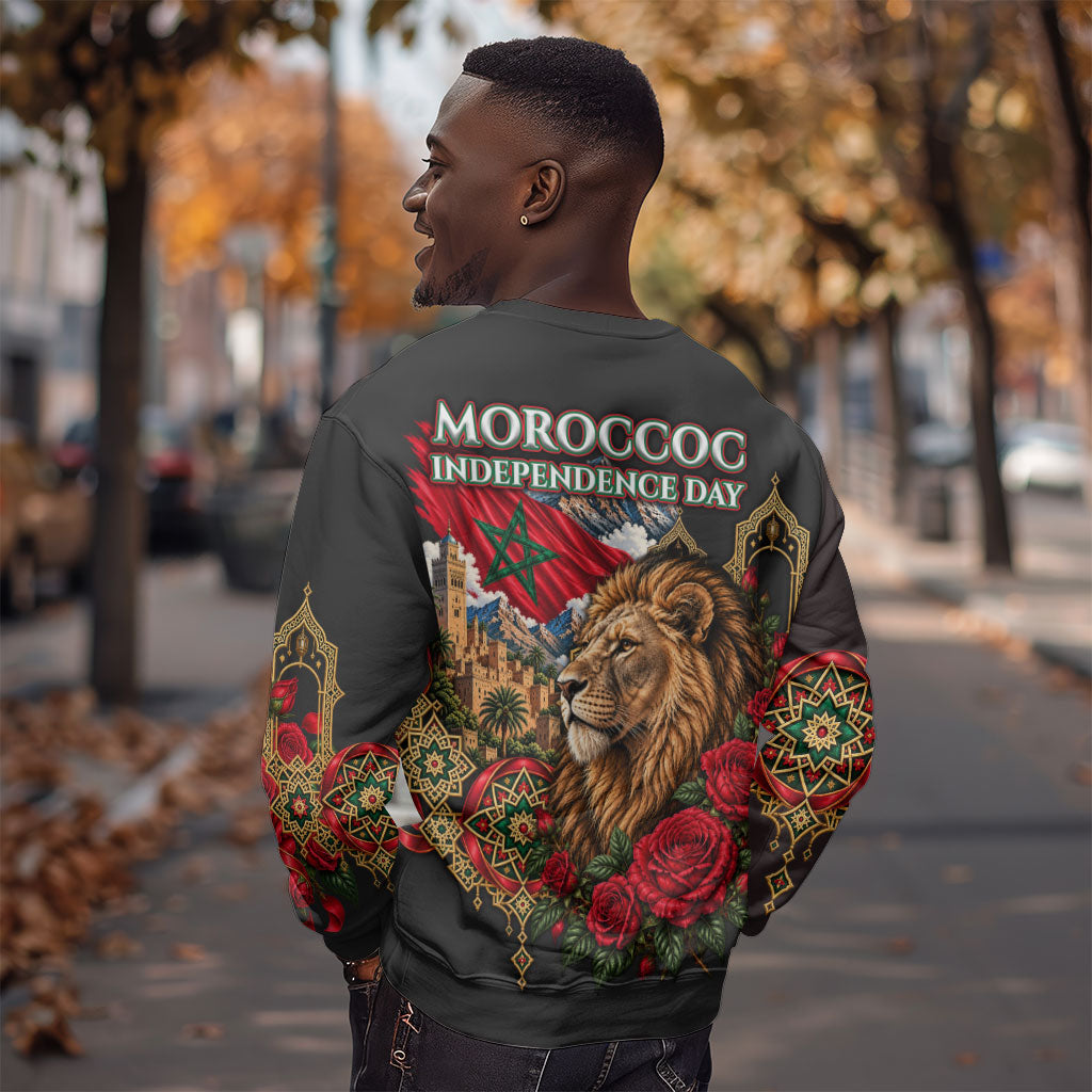 Morocco Independence Day Sweatshirt Atlas Lion Red Rose Atlas Mountain Heritage