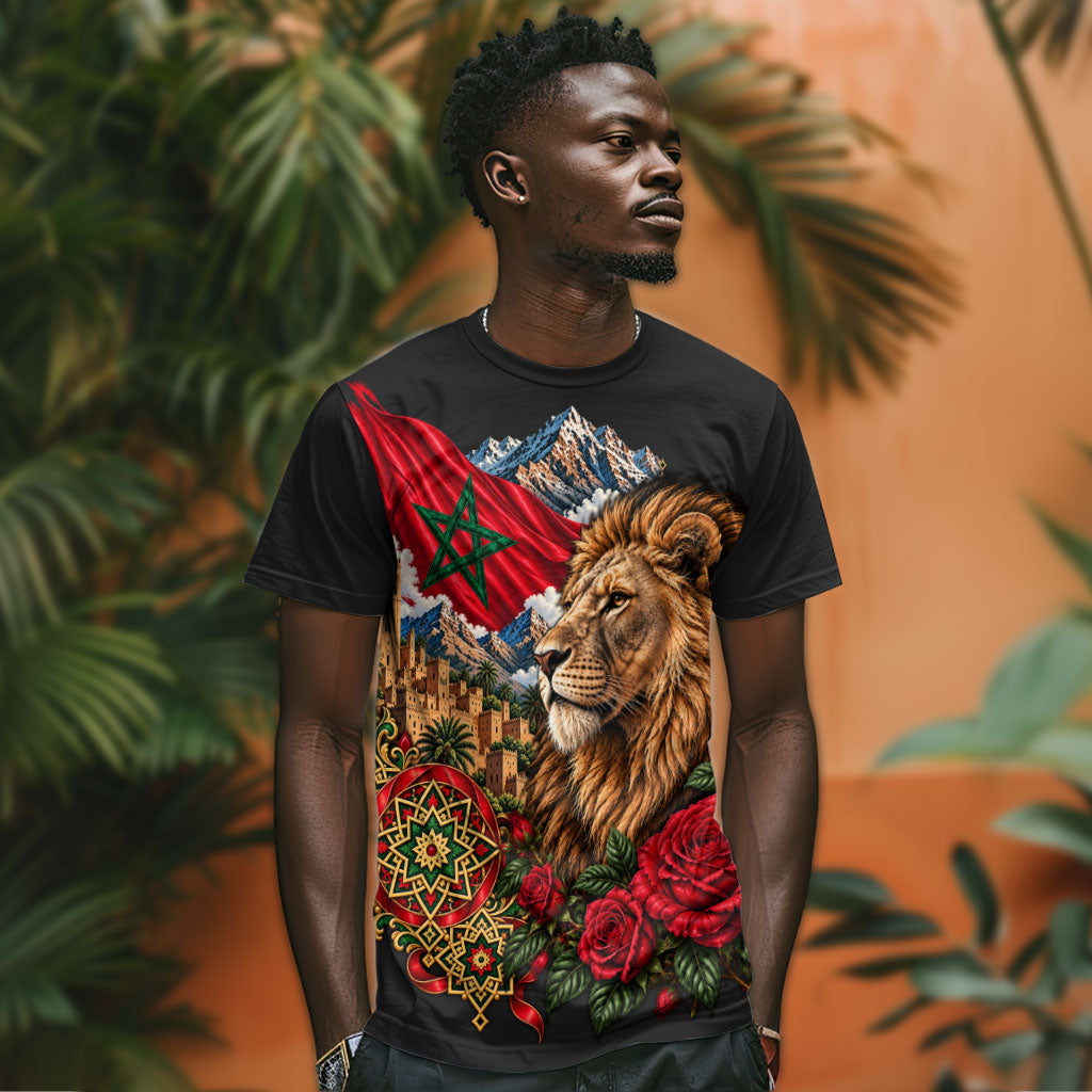 Morocco Independence Day T shirt Atlas Lion Red Rose Atlas Mountain Heritage