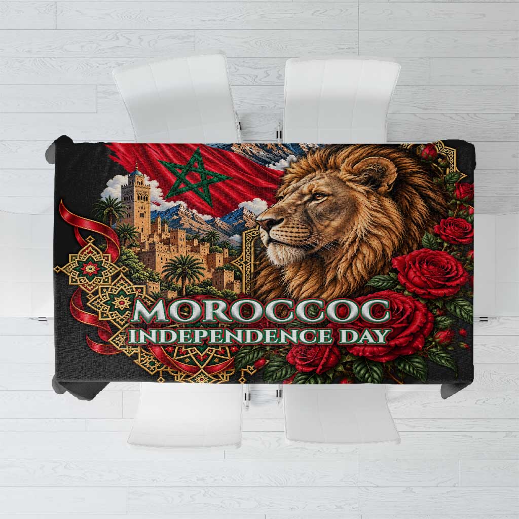 Morocco Independence Day Tablecloth Atlas Lion Red Rose Atlas Mountain Heritage