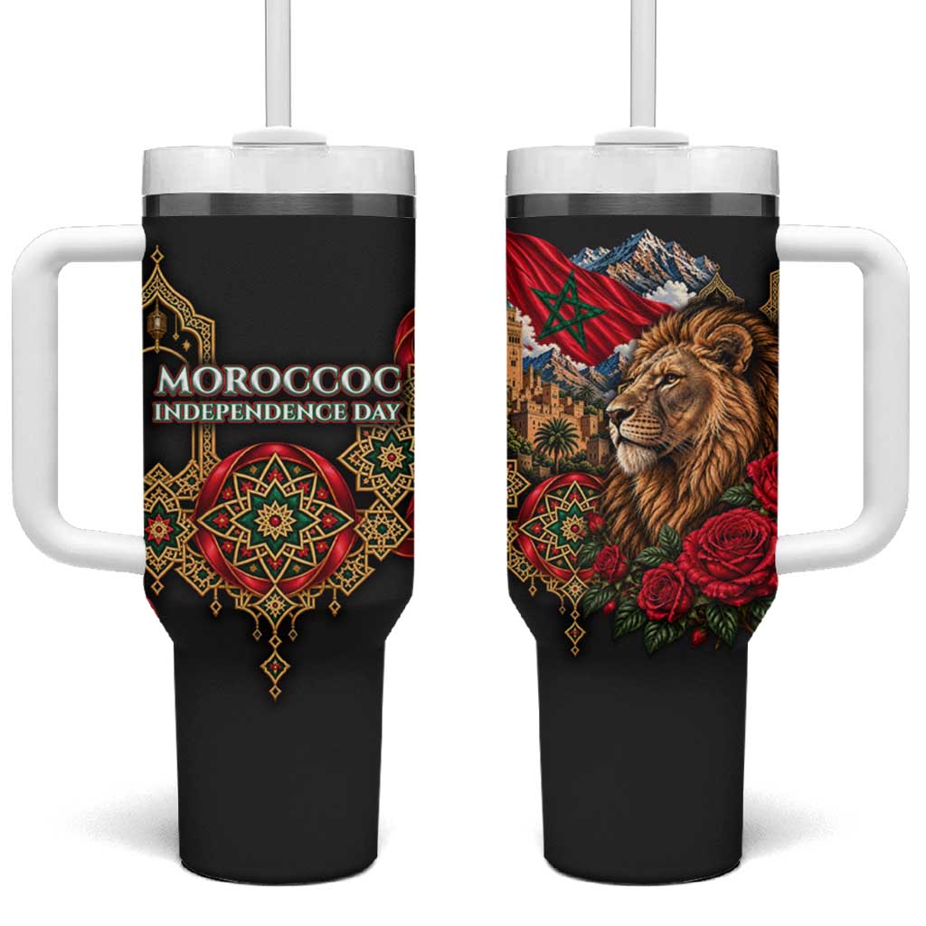 Morocco Independence Day Tumbler With Handle Atlas Lion Red Rose Atlas Mountain Heritage