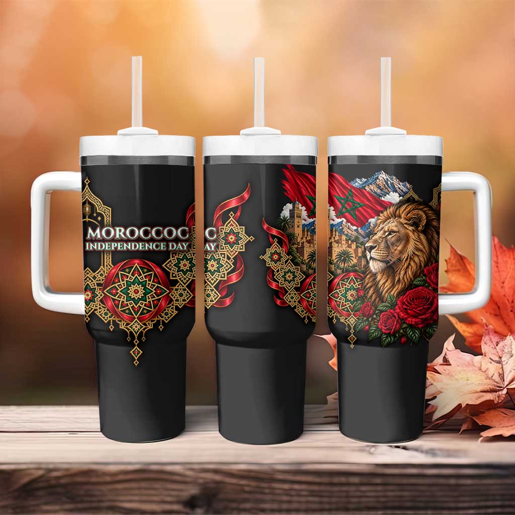 Morocco Independence Day Tumbler With Handle Atlas Lion Red Rose Atlas Mountain Heritage