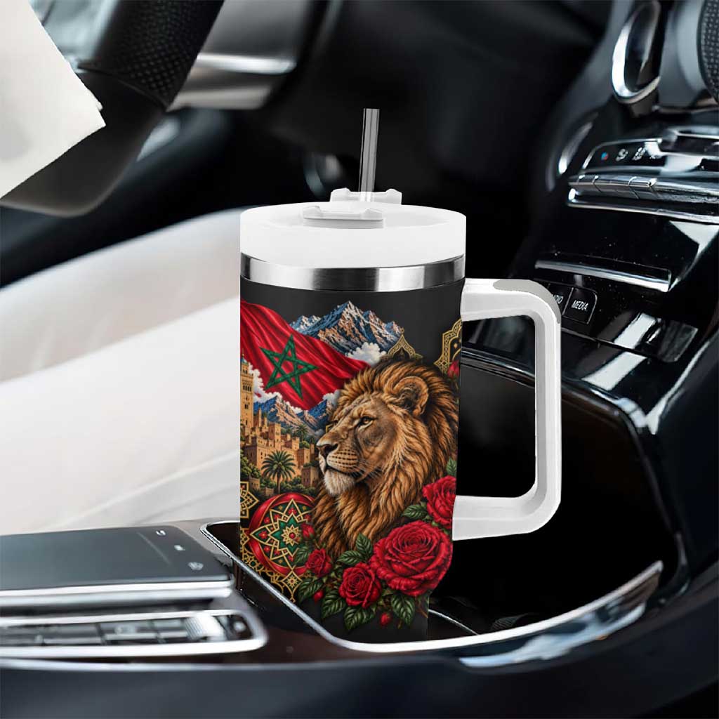 Morocco Independence Day Tumbler With Handle Atlas Lion Red Rose Atlas Mountain Heritage