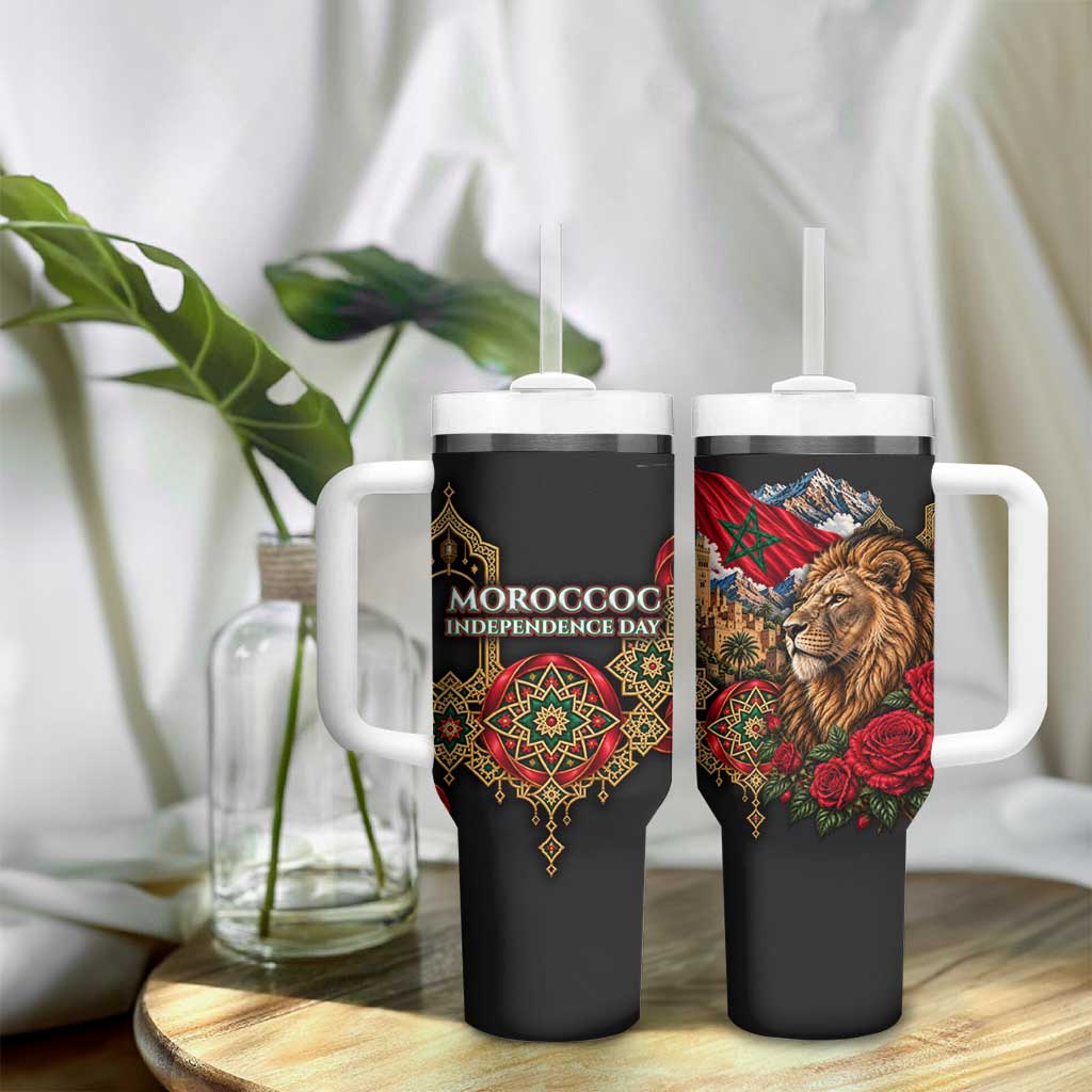 Morocco Independence Day Tumbler With Handle Atlas Lion Red Rose Atlas Mountain Heritage