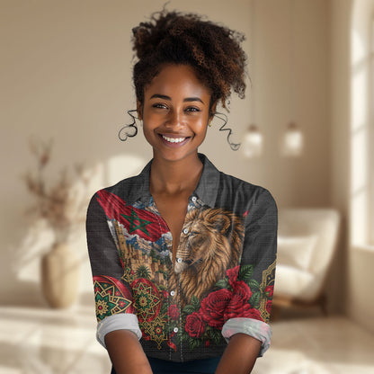 Morocco Independence Day Women Casual Shirt Atlas Lion Red Rose Atlas Mountain Heritage