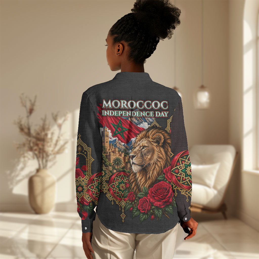 Morocco Independence Day Women Casual Shirt Atlas Lion Red Rose Atlas Mountain Heritage