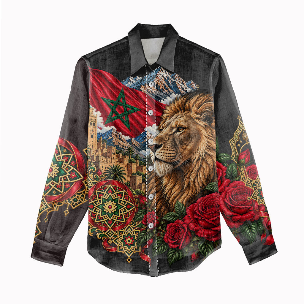 Morocco Independence Day Women Casual Shirt Atlas Lion Red Rose Atlas Mountain Heritage