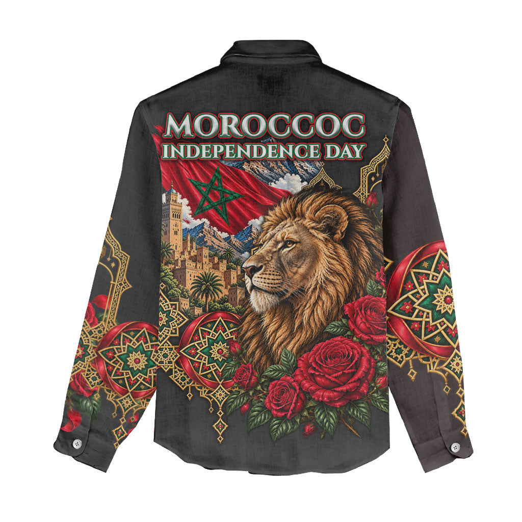 Morocco Independence Day Women Casual Shirt Atlas Lion Red Rose Atlas Mountain Heritage