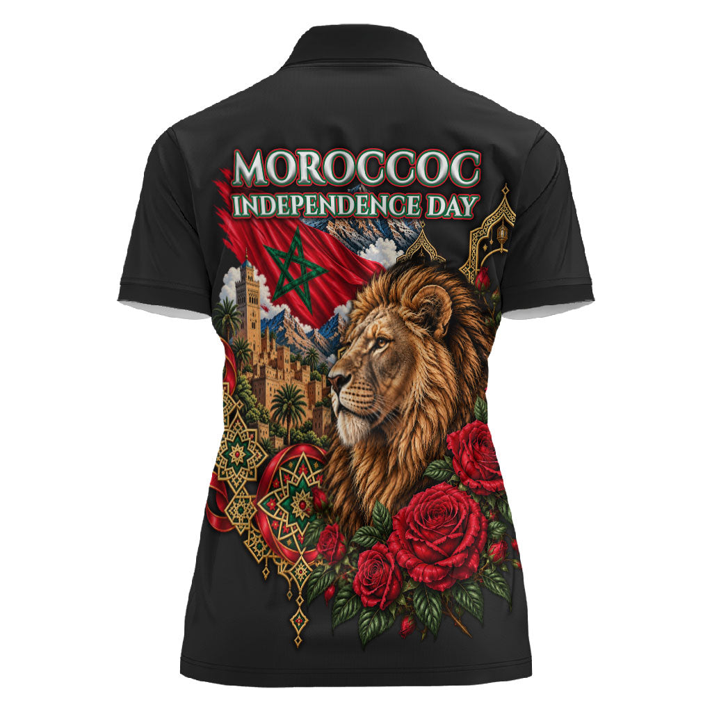Morocco Independence Day Women Polo Shirt Atlas Lion Red Rose Atlas Mountain Heritage