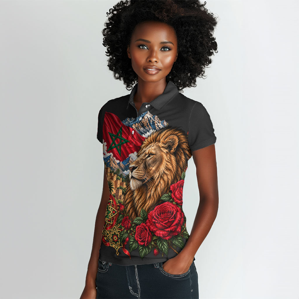 Morocco Independence Day Women Polo Shirt Atlas Lion Red Rose Atlas Mountain Heritage