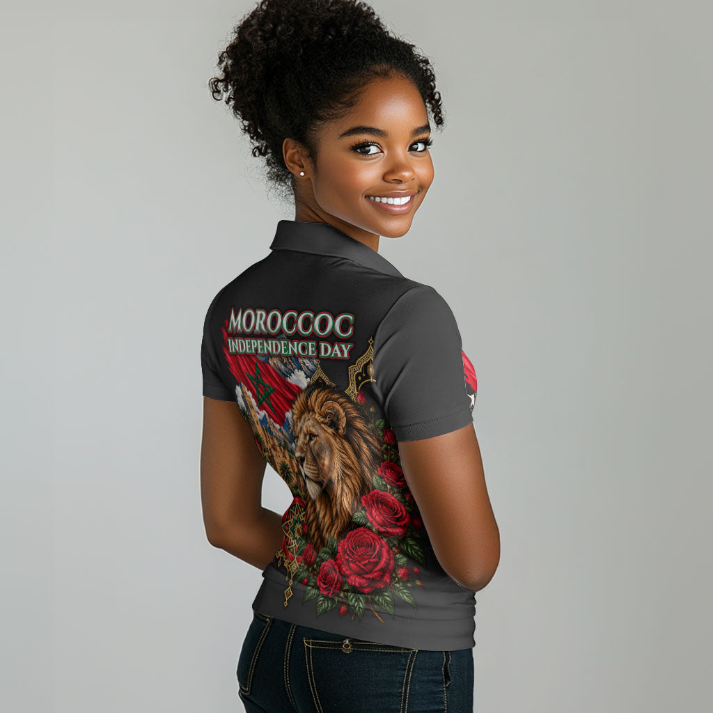 Morocco Independence Day Women Polo Shirt Atlas Lion Red Rose Atlas Mountain Heritage