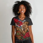 Morocco Independence Day Women V-Neck T-Shirt Atlas Lion Red Rose Atlas Mountain Heritage