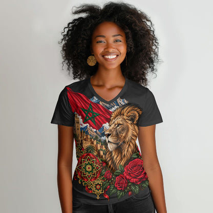 Morocco Independence Day Women V-Neck T-Shirt Atlas Lion Red Rose Atlas Mountain Heritage