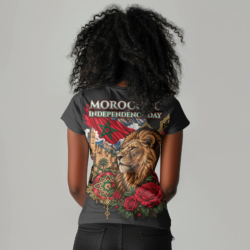 Morocco Independence Day Women V-Neck T-Shirt Atlas Lion Red Rose Atlas Mountain Heritage
