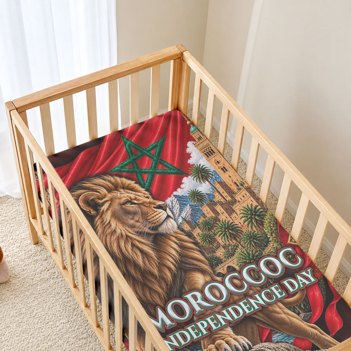 Morocco Independence Day Lion Baby Bed Cover Atlas Mountain Kasbah Heritage
