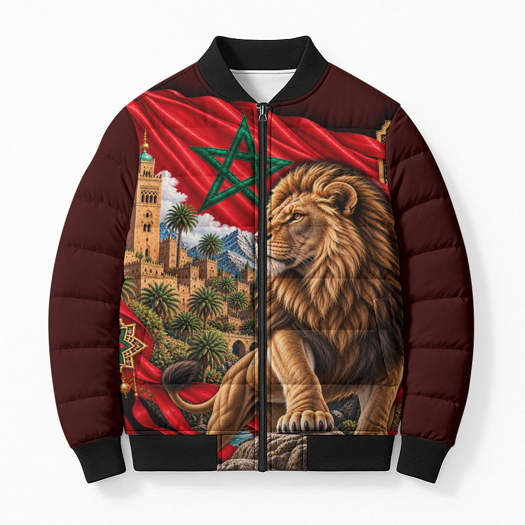 Morocco Independence Day Lion Bomber Puffer Jacket Atlas Mountain Kasbah Heritage