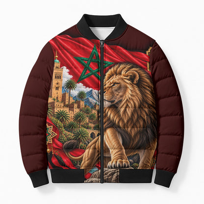 Morocco Independence Day Lion Bomber Puffer Jacket Atlas Mountain Kasbah Heritage