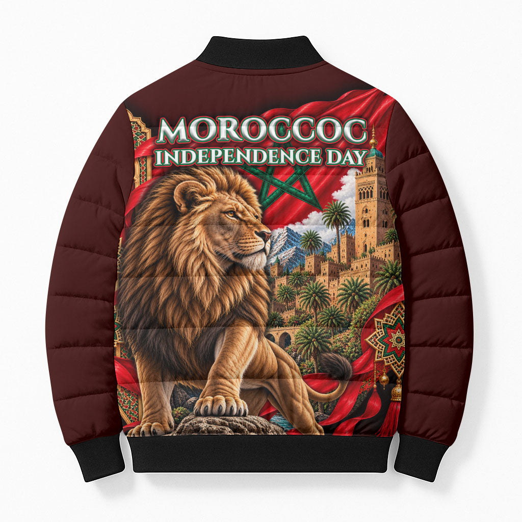 Morocco Independence Day Lion Bomber Puffer Jacket Atlas Mountain Kasbah Heritage