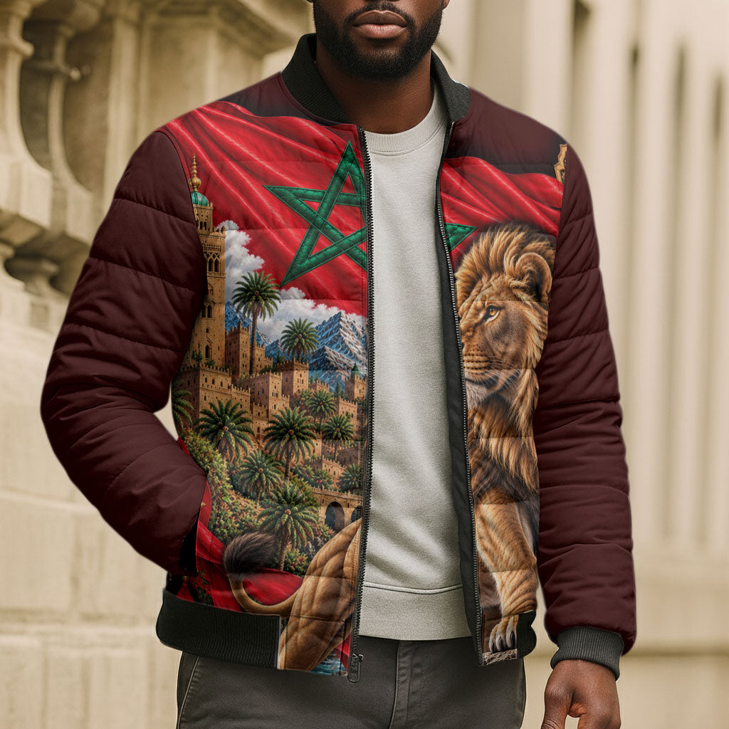 Morocco Independence Day Lion Bomber Puffer Jacket Atlas Mountain Kasbah Heritage