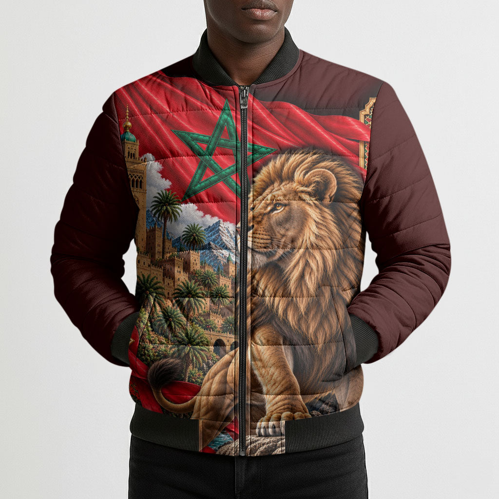 Morocco Independence Day Lion Bomber Puffer Jacket Atlas Mountain Kasbah Heritage