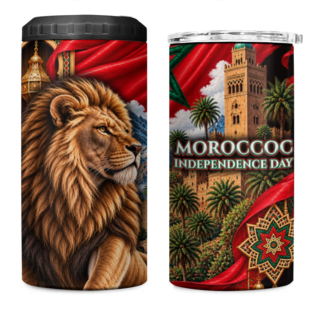 Morocco Independence Day Lion 4 in 1 Can Cooler Tumbler Atlas Mountain Kasbah Heritage