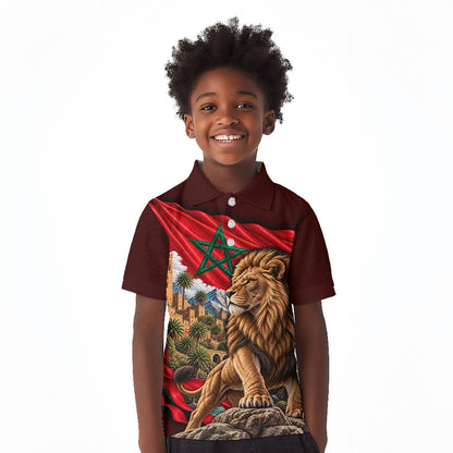 Morocco Independence Day Lion Kid Polo Shirt Atlas Mountain Kasbah Heritage
