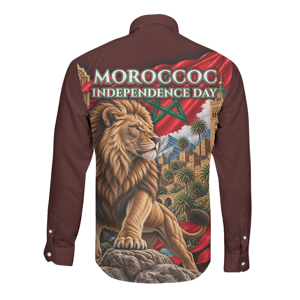 Morocco Independence Day Lion Long Sleeve Button Shirt Atlas Mountain Kasbah Heritage
