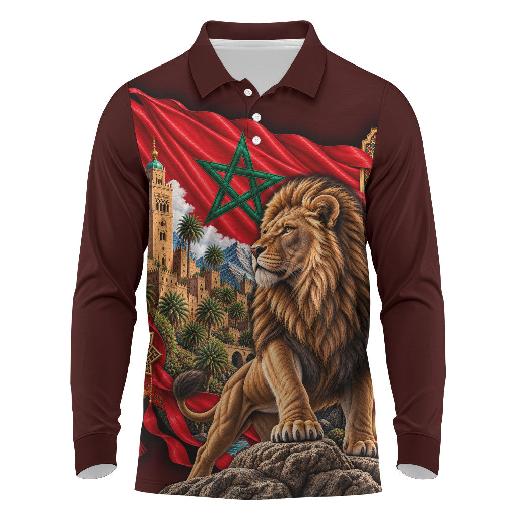 Morocco Independence Day Lion Long Sleeve Polo Shirt Atlas Mountain Kasbah Heritage
