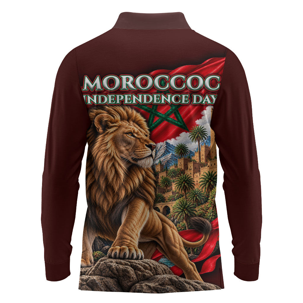 Morocco Independence Day Lion Long Sleeve Polo Shirt Atlas Mountain Kasbah Heritage