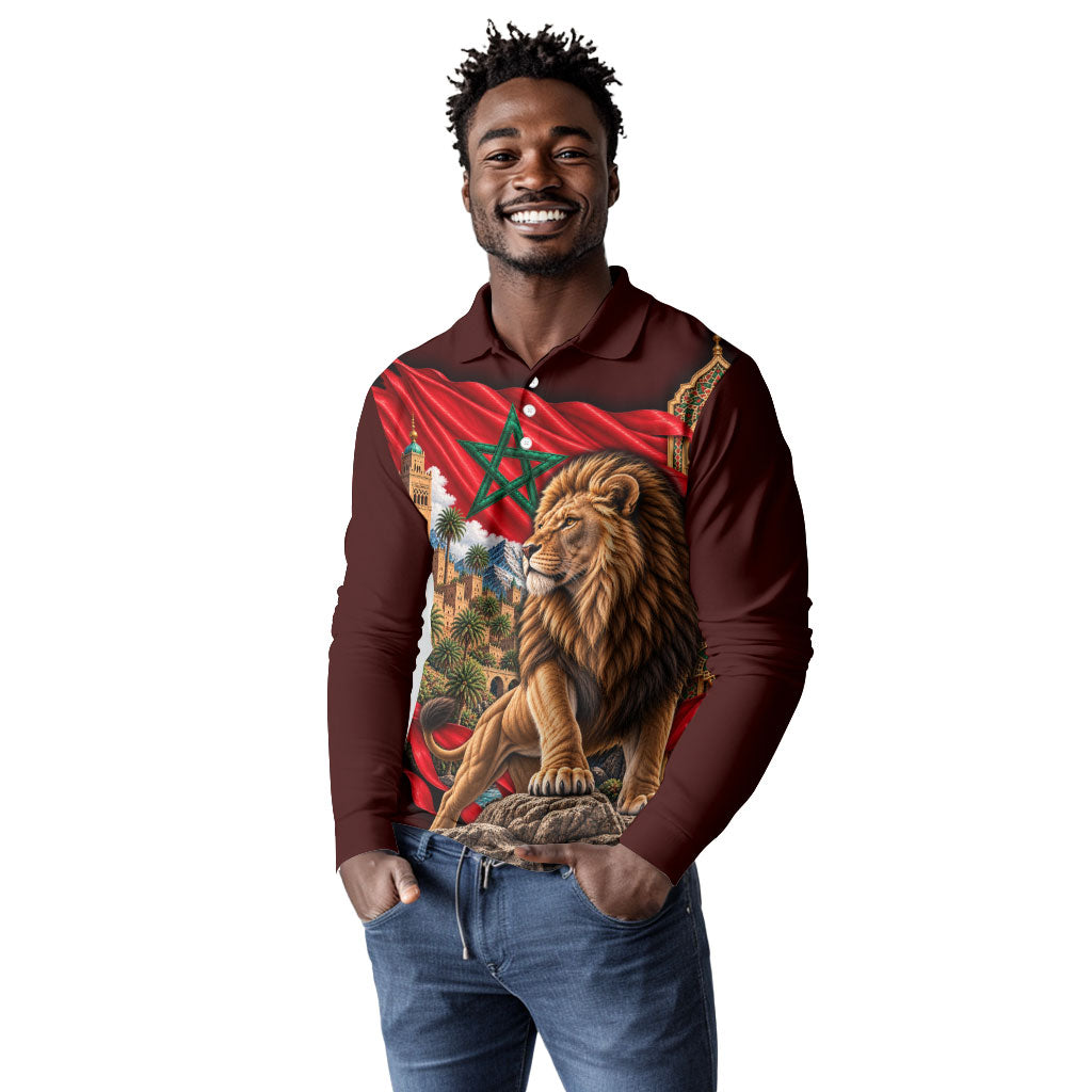 Morocco Independence Day Lion Long Sleeve Polo Shirt Atlas Mountain Kasbah Heritage