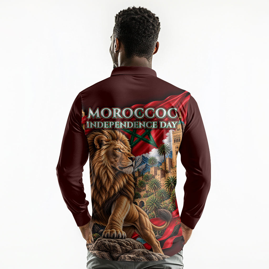 Morocco Independence Day Lion Long Sleeve Polo Shirt Atlas Mountain Kasbah Heritage