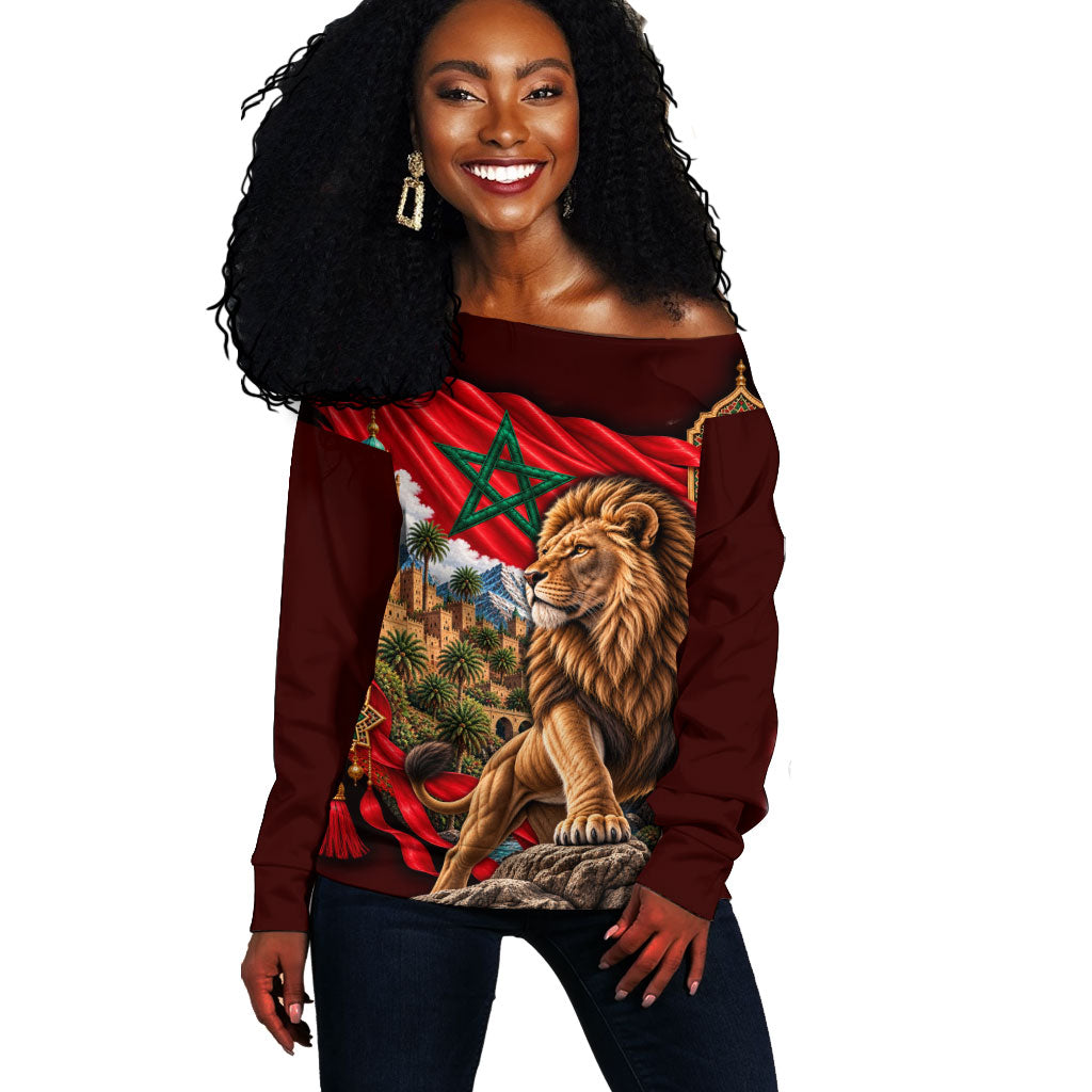 Morocco Independence Day Lion Off Shoulder Sweater Atlas Mountain Kasbah Heritage