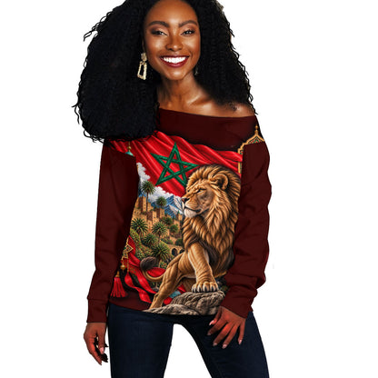 Morocco Independence Day Lion Off Shoulder Sweater Atlas Mountain Kasbah Heritage