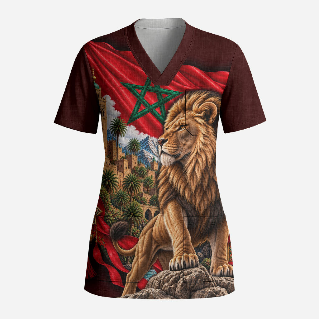 Morocco Independence Day Lion Scrub Top Atlas Mountain Kasbah Heritage