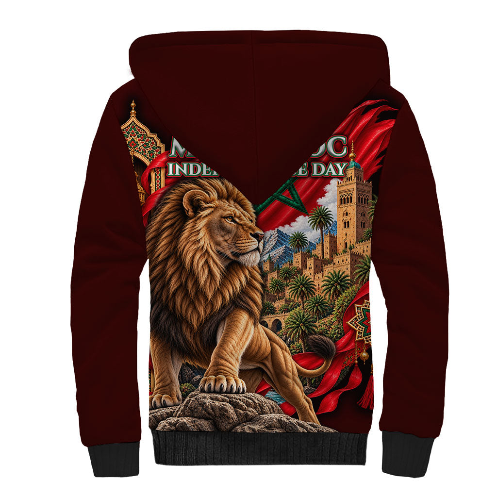Morocco Independence Day Lion Sherpa Hoodie Atlas Mountain Kasbah Heritage