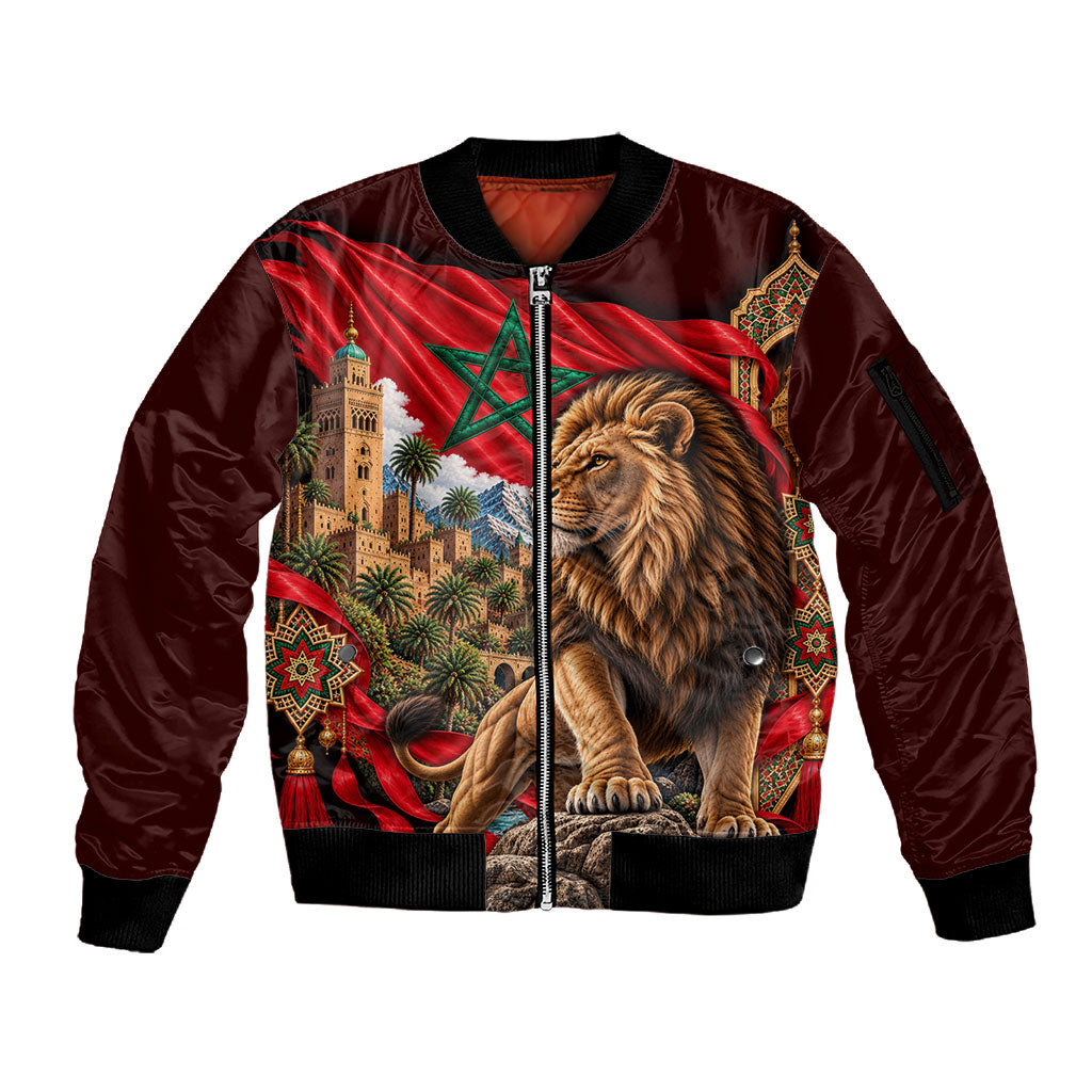 Morocco Independence Day Lion Sleeve Zip Bomber Jacket Atlas Mountain Kasbah Heritage